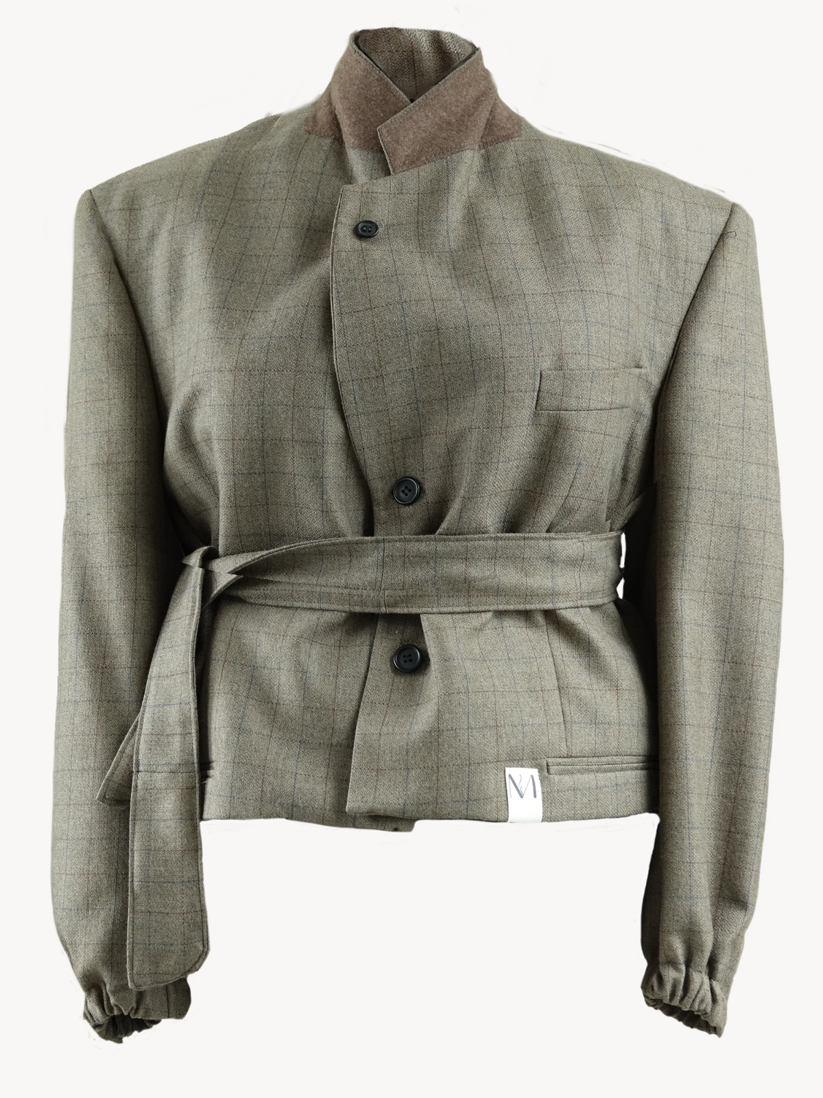 Chekku short – Geruite Greige Blazer Bomberjack met Strikceintuur