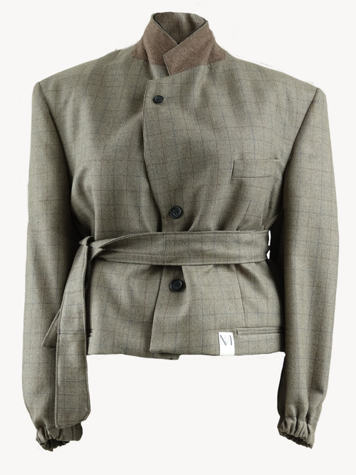 Chekku short – Geruite Greige Blazer Bomberjack met Strikceintuur