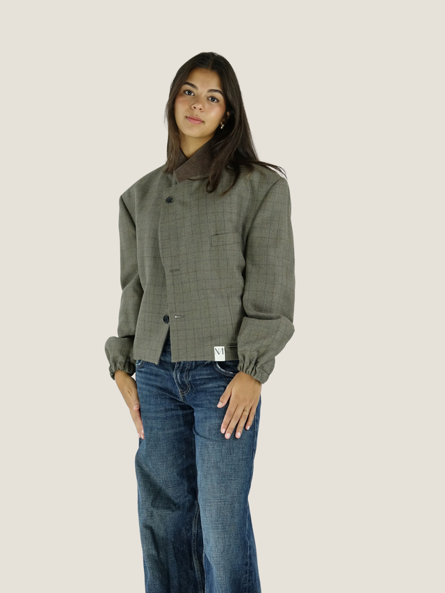 Chekku short – Geruite Greige Blazer Bomberjack met Strikceintuur