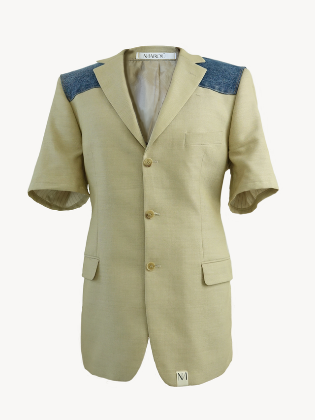 Hansode Blazer – Upcycled Zachtgele Blazer met Denim Rugdetail
