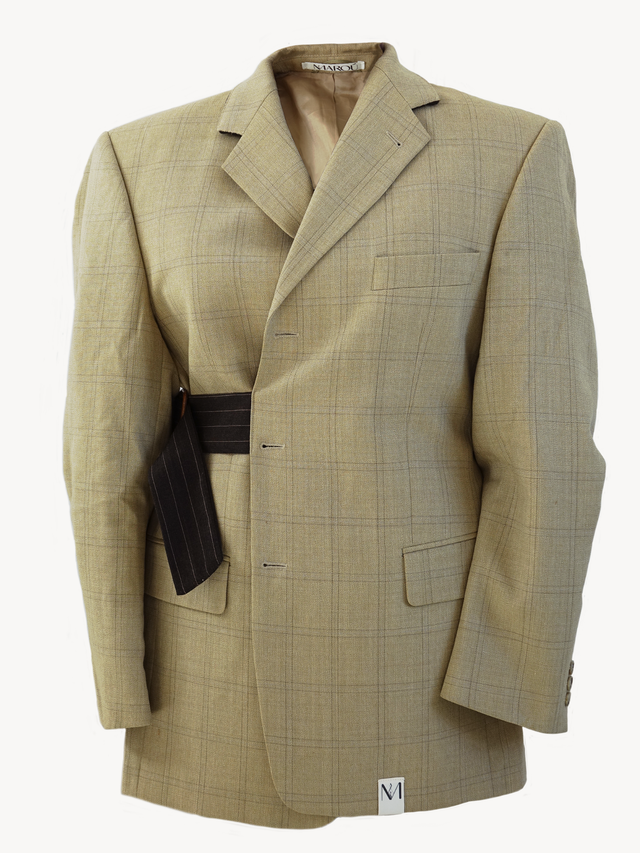 Hinata Belt Blazer -  Upcycled Beige Geruite Blazer met Hoge Kraag