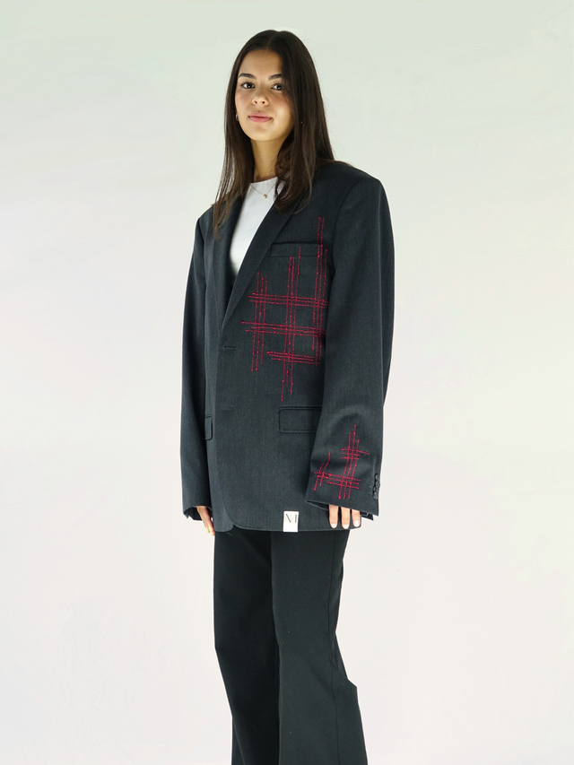 Blazer Nuido - donkergrijs met geborduurd Sashiko details