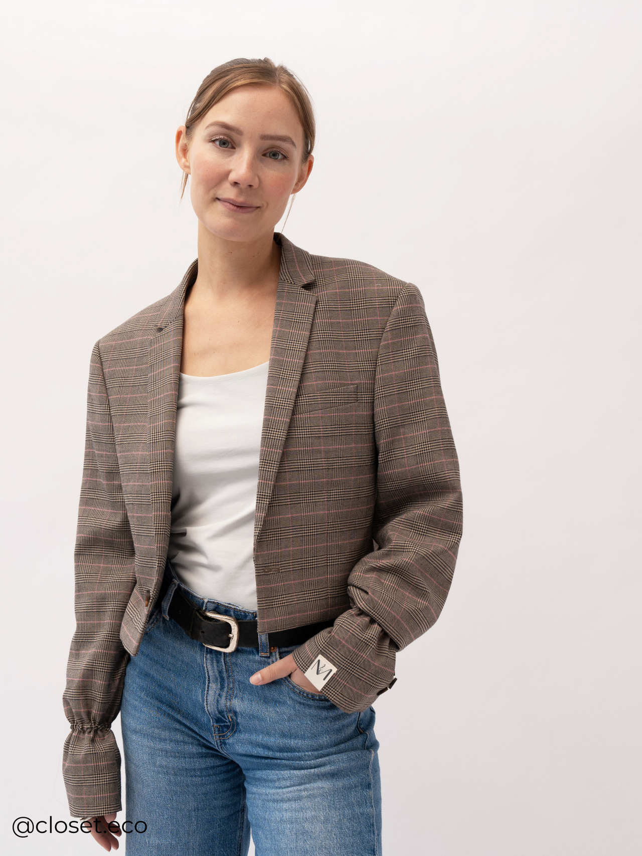 Cropped Check Blazer - Grijs