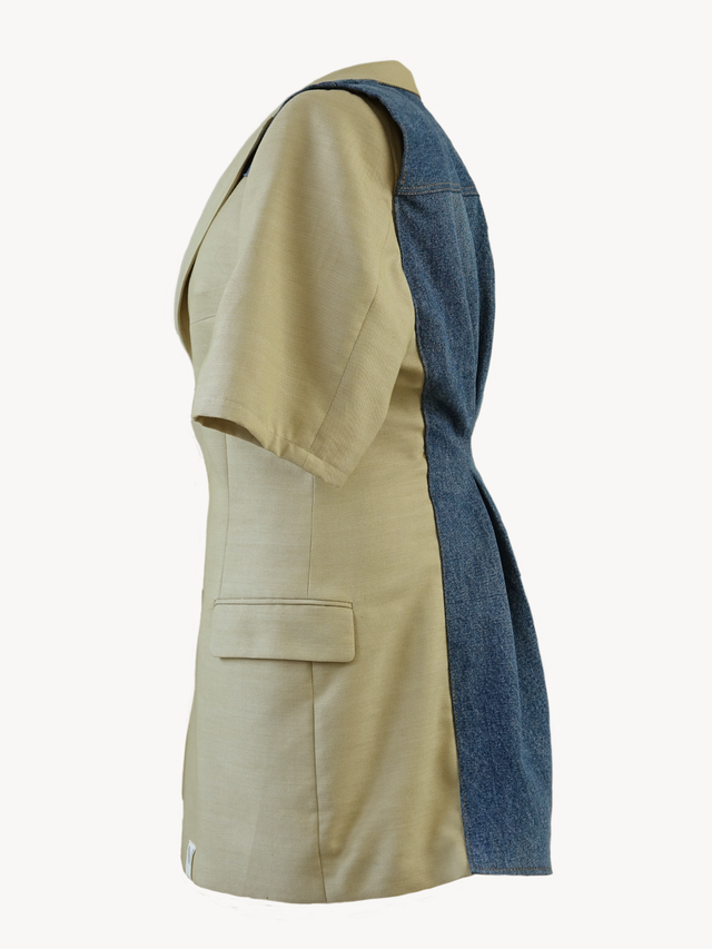 Hansode Blazer – Upcycled Zachtgele Blazer met Denim Rugdetail