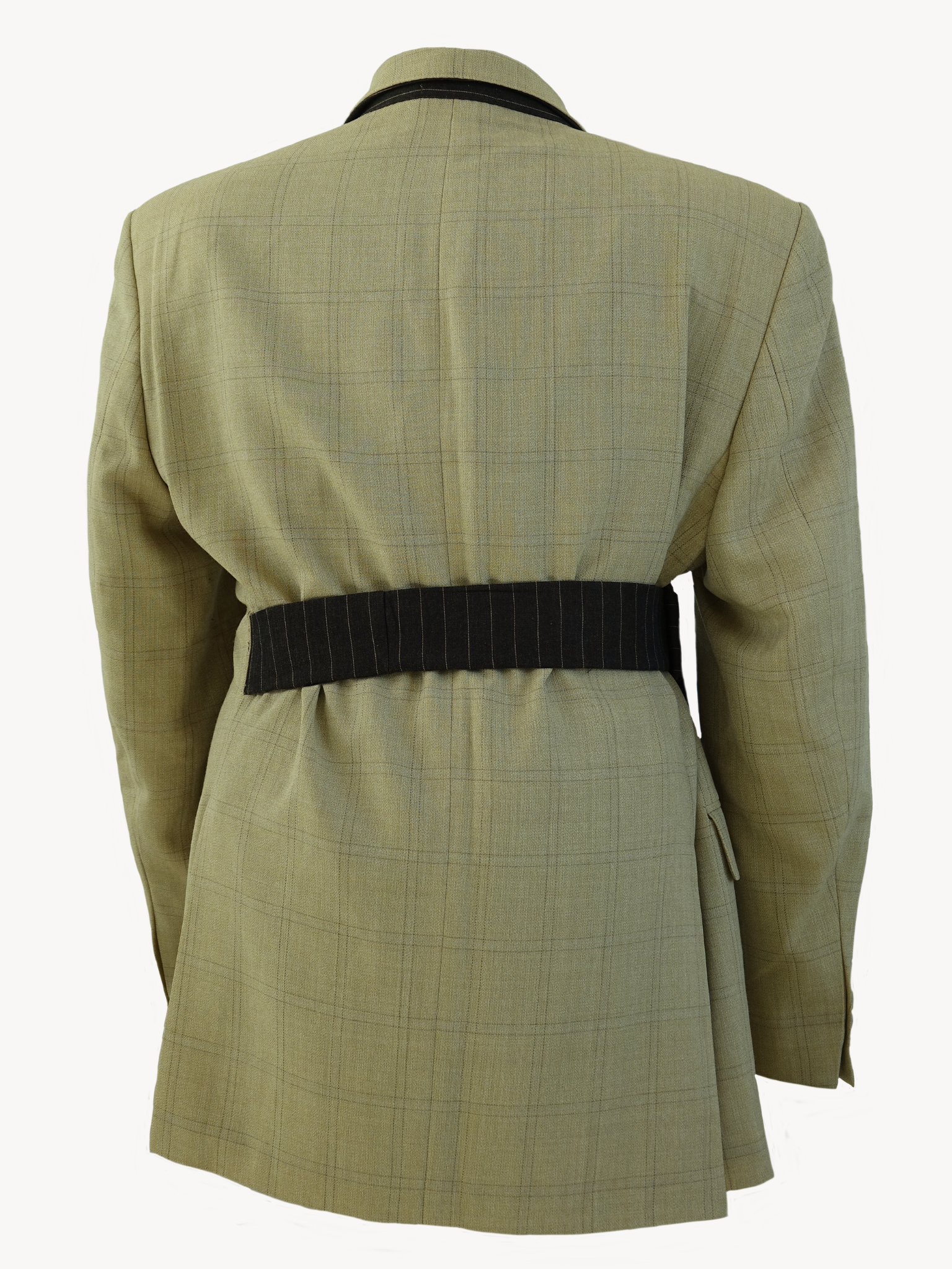 Hinata Belt Blazer -  Upcycled Beige Geruite Blazer met Hoge Kraag