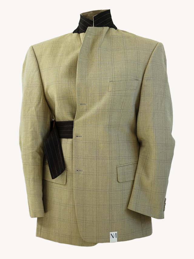 Hinata Belt Blazer -  Upcycled Beige Geruite Blazer met Hoge Kraag