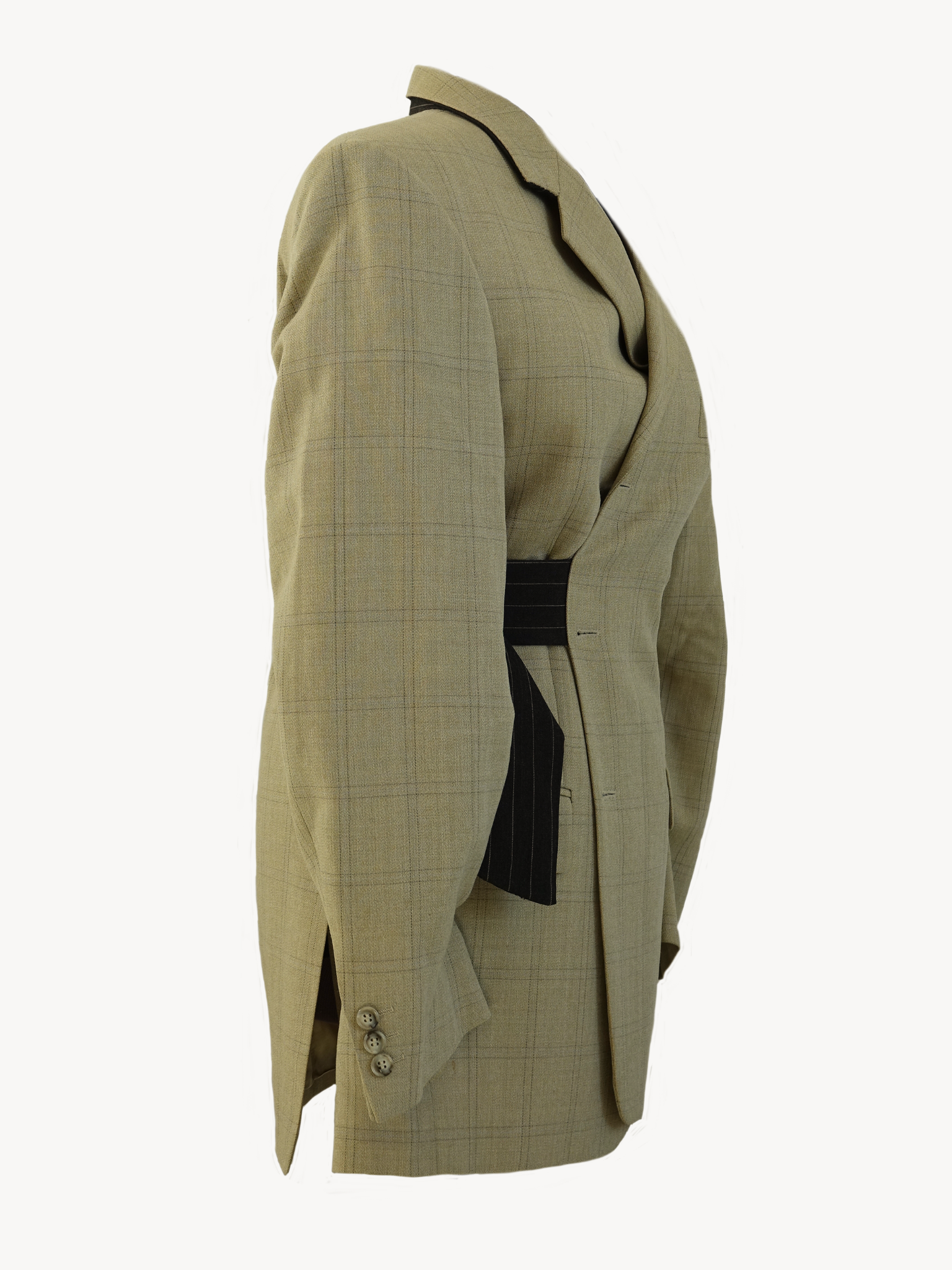 Hinata Belt Blazer -  Upcycled Beige Geruite Blazer met Hoge Kraag