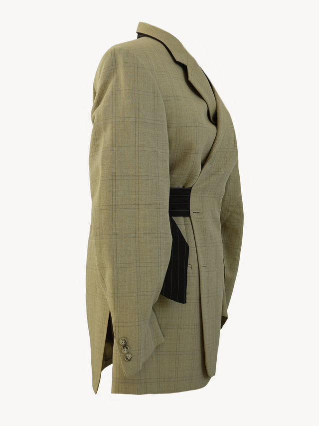 Hinata Belt Blazer -  Upcycled Beige Geruite Blazer met Hoge Kraag