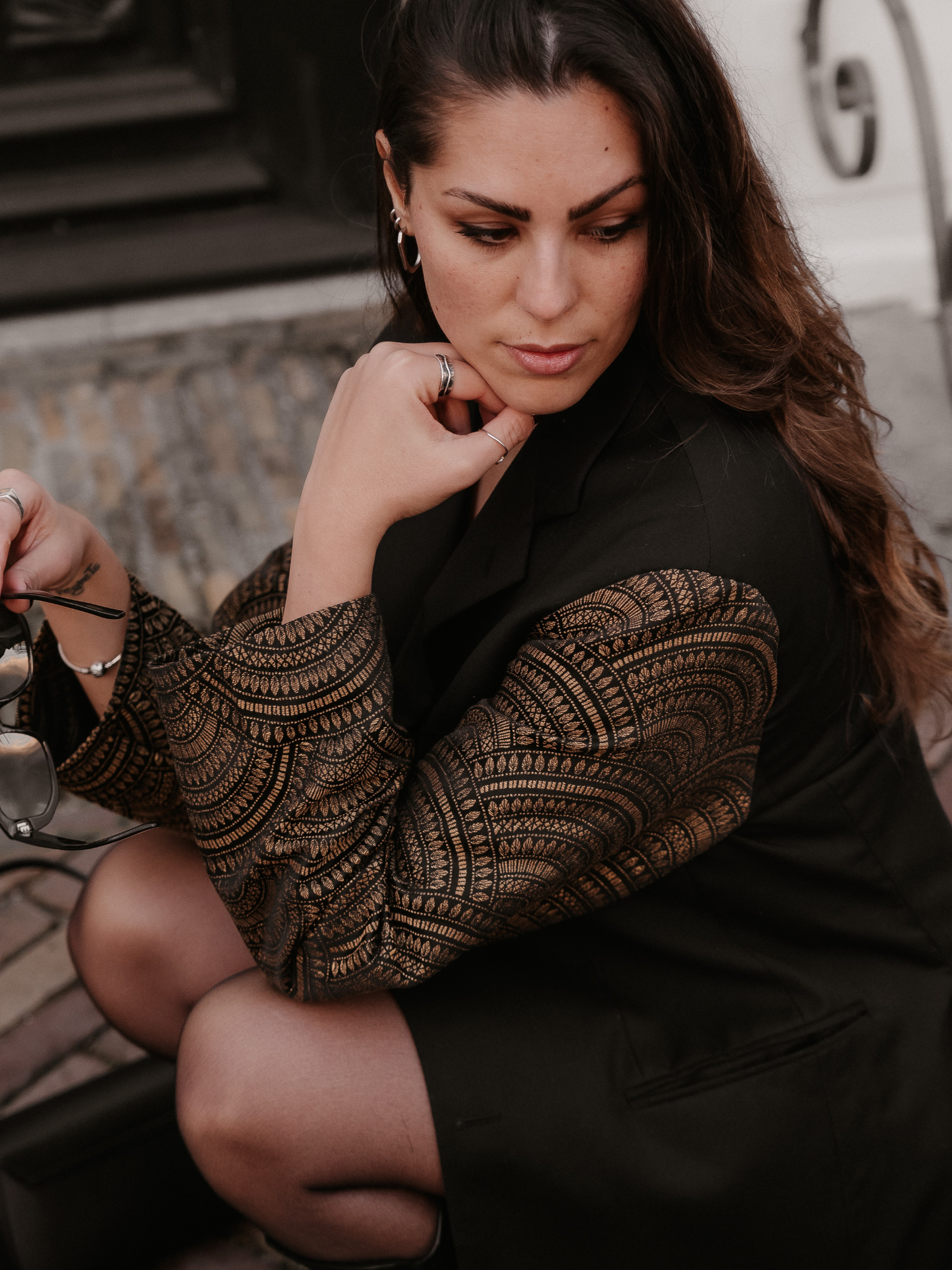 Tsuki Upcycled Blazer – Black Statement with Golden Jacquard